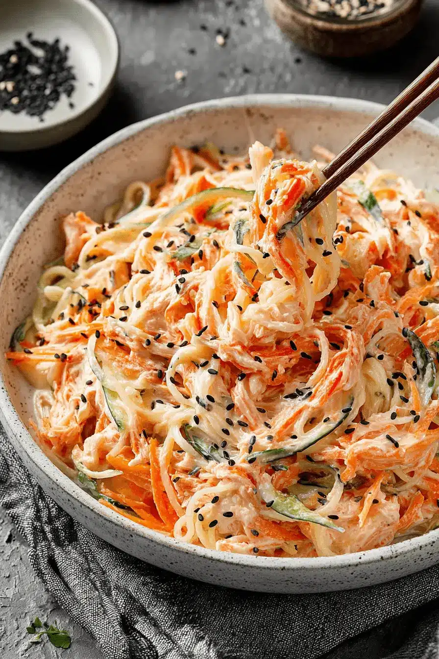 Vibrant Kani Salad Recipe: Quick & Easy Perfection 2 Eye-level close-up of a fresh kani salad recipe in a rustic bowl, tossed with vegetables and lifted by wooden chopsticks.