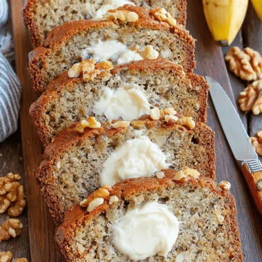 The Ultimate Copycat Starbucks Banana Bread 4 Overhead close-up of buttery, walnut-filled slices of copycat starbucks banana bread on a wooden cutting board.