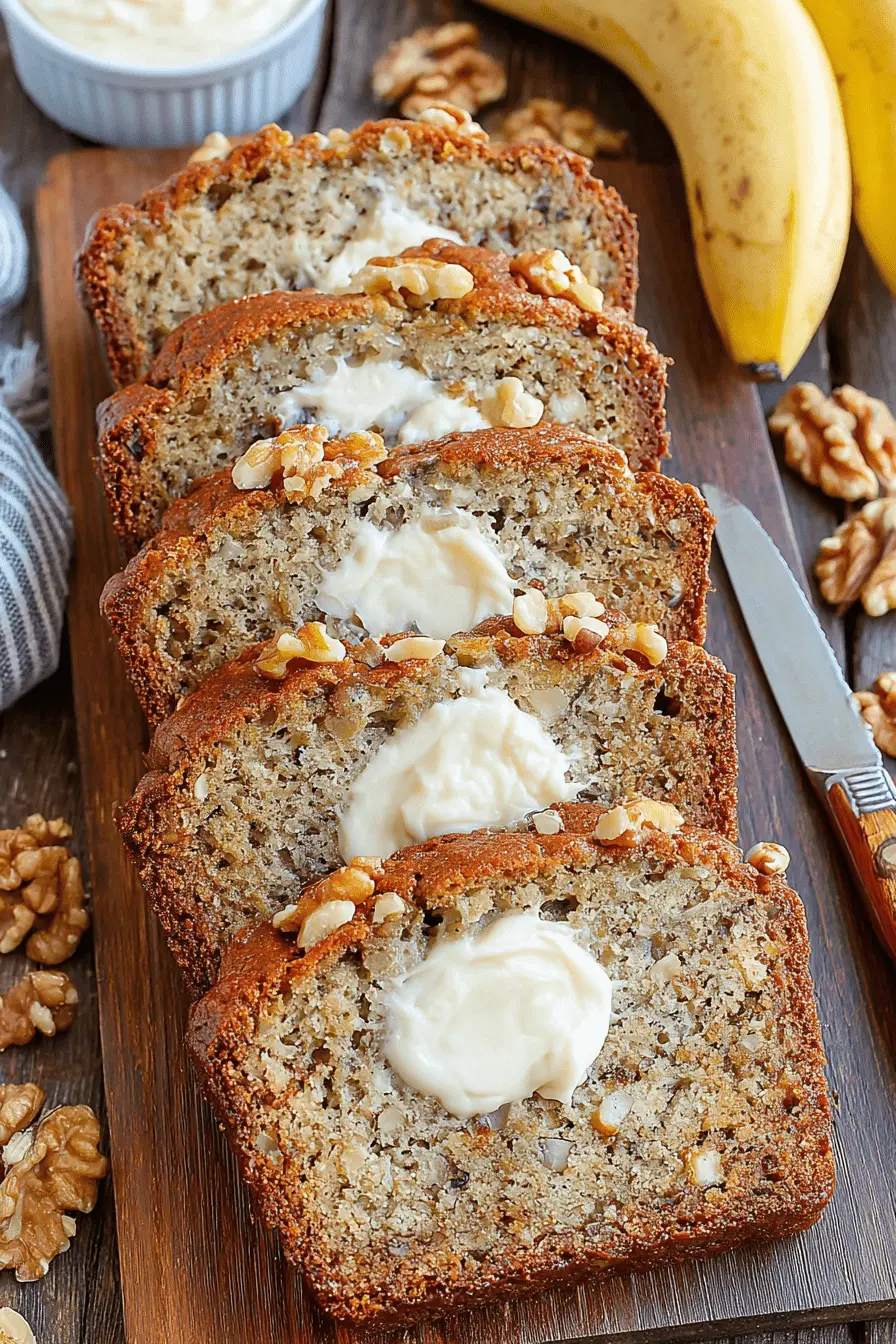The Ultimate Copycat Starbucks Banana Bread 2 Overhead close-up of buttery, walnut-filled slices of copycat starbucks banana bread on a wooden cutting board.