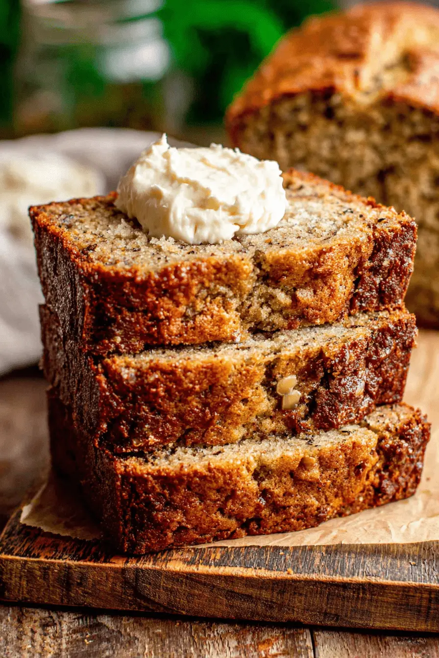 Amazing Sour Cream Banana Bread: So Moist! 2 Stacked slices of moist, frosted sour cream banana bread on a rustic wooden cutting board.