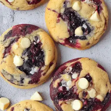 Amazing Lemon Blueberry Cookies Recipe 3 Close-up of golden-brown lemon blueberry cookies marbled with purple swirl and generous white chocolate chips.