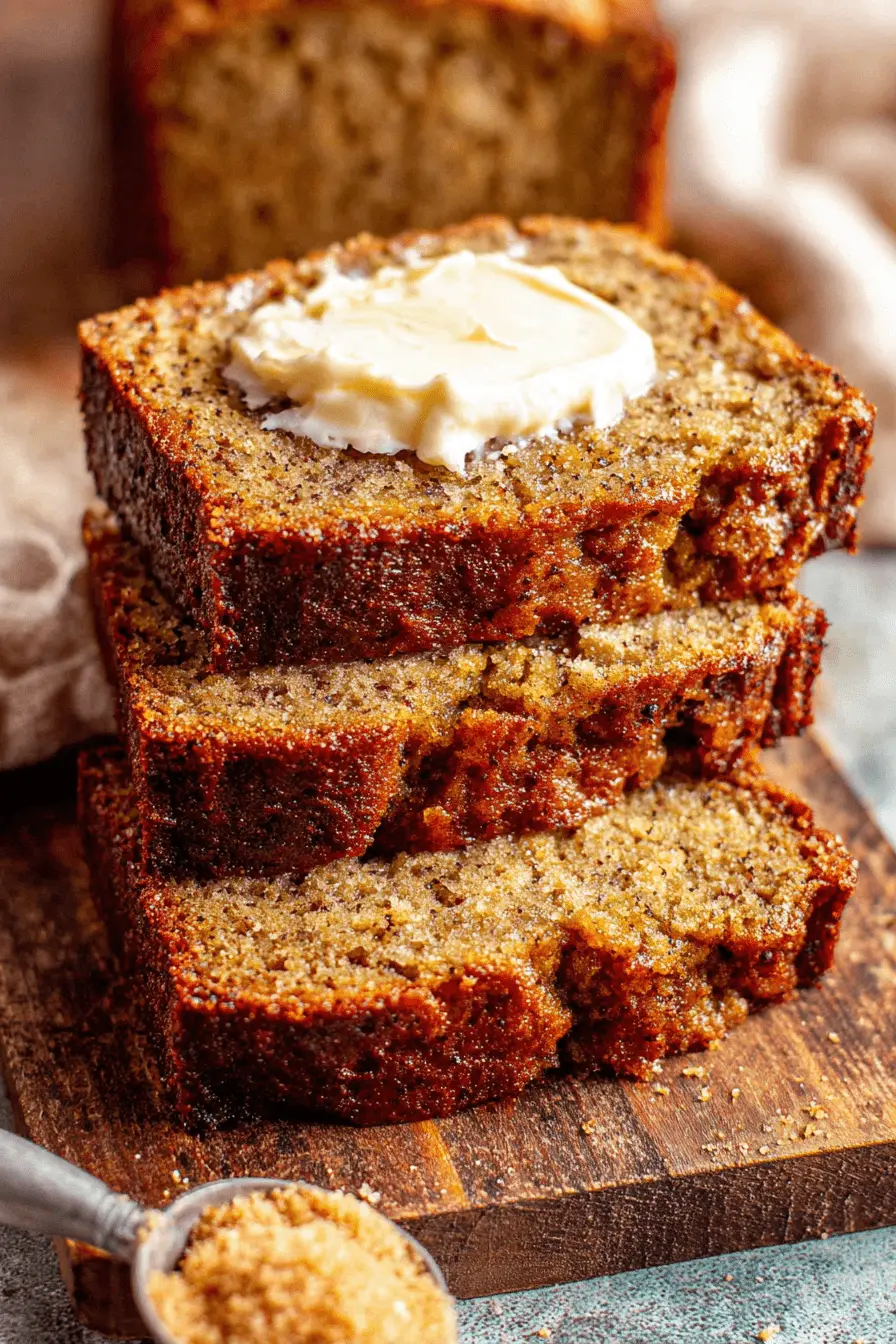 Amazing Sour Cream Banana Bread Recipe 2 Three stacked slices of rich, moist sour cream banana bread topped with melting butter on a rustic wooden cutting board.
