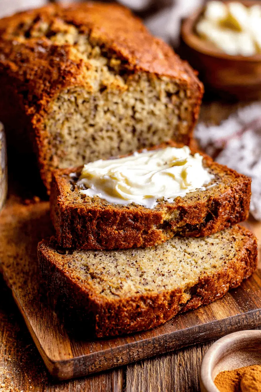 Amazing Sour Cream Banana Bread Recipe 2 Sliced loaf of warm sour cream banana bread on a rustic wooden board with melting butter.
