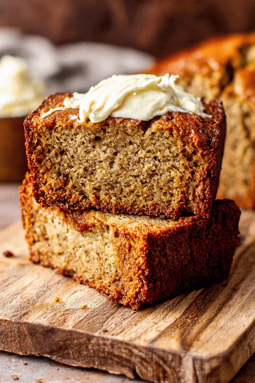 Foolproof Sour Cream Banana Bread Recipe 2 Close-up of two moist slices of sour cream banana bread, stacked on a wooden board with a creamy topping.