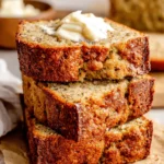 Amazing Sour Cream Banana Bread Recipe 5 Stack of three golden-brown slices of moist sour cream banana bread with melting butter, next to a whole loaf on rustic parchment paper.
