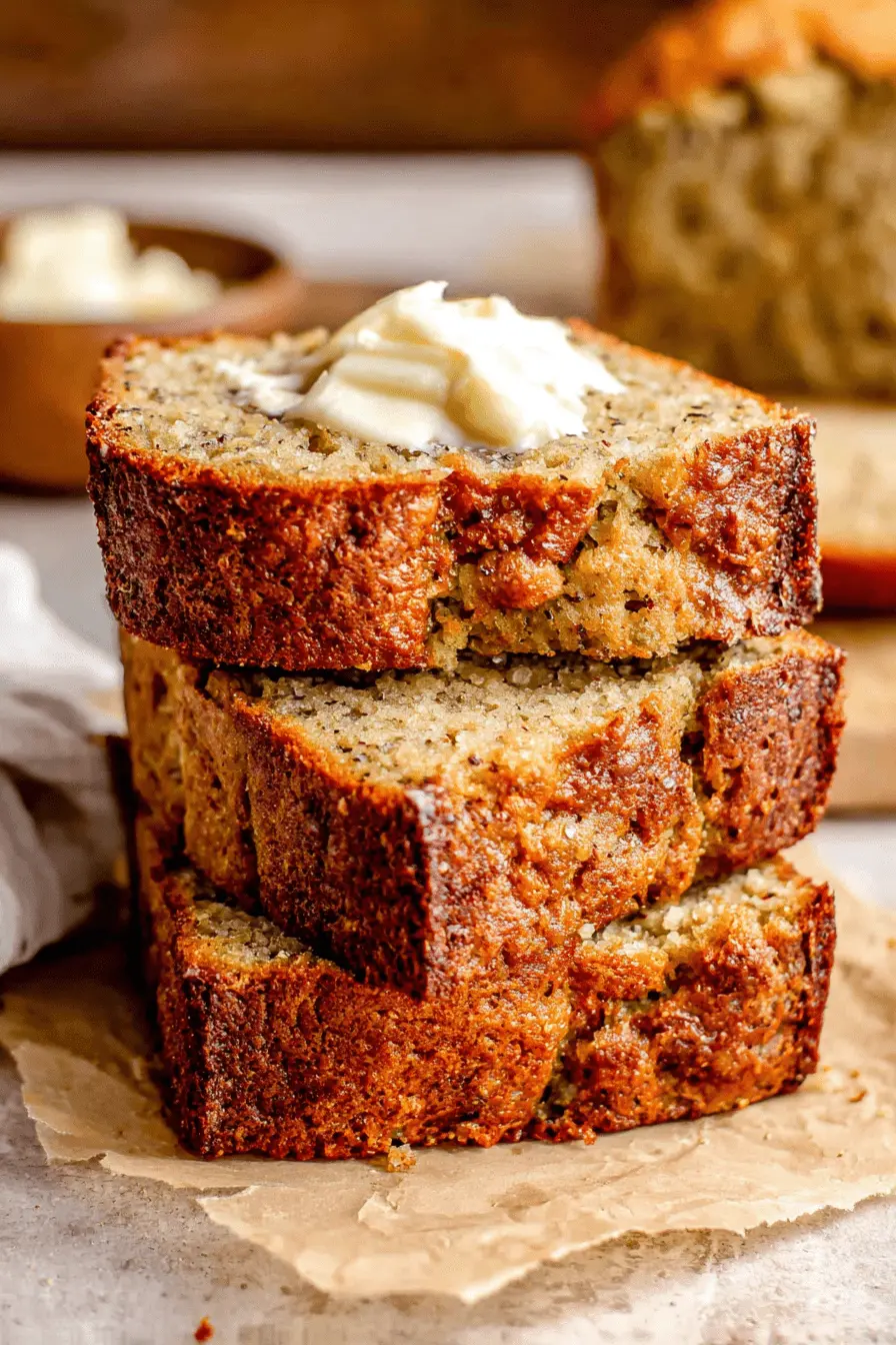 Amazing Sour Cream Banana Bread Recipe 2 Stack of three golden-brown slices of moist sour cream banana bread with melting butter, next to a whole loaf on rustic parchment paper.