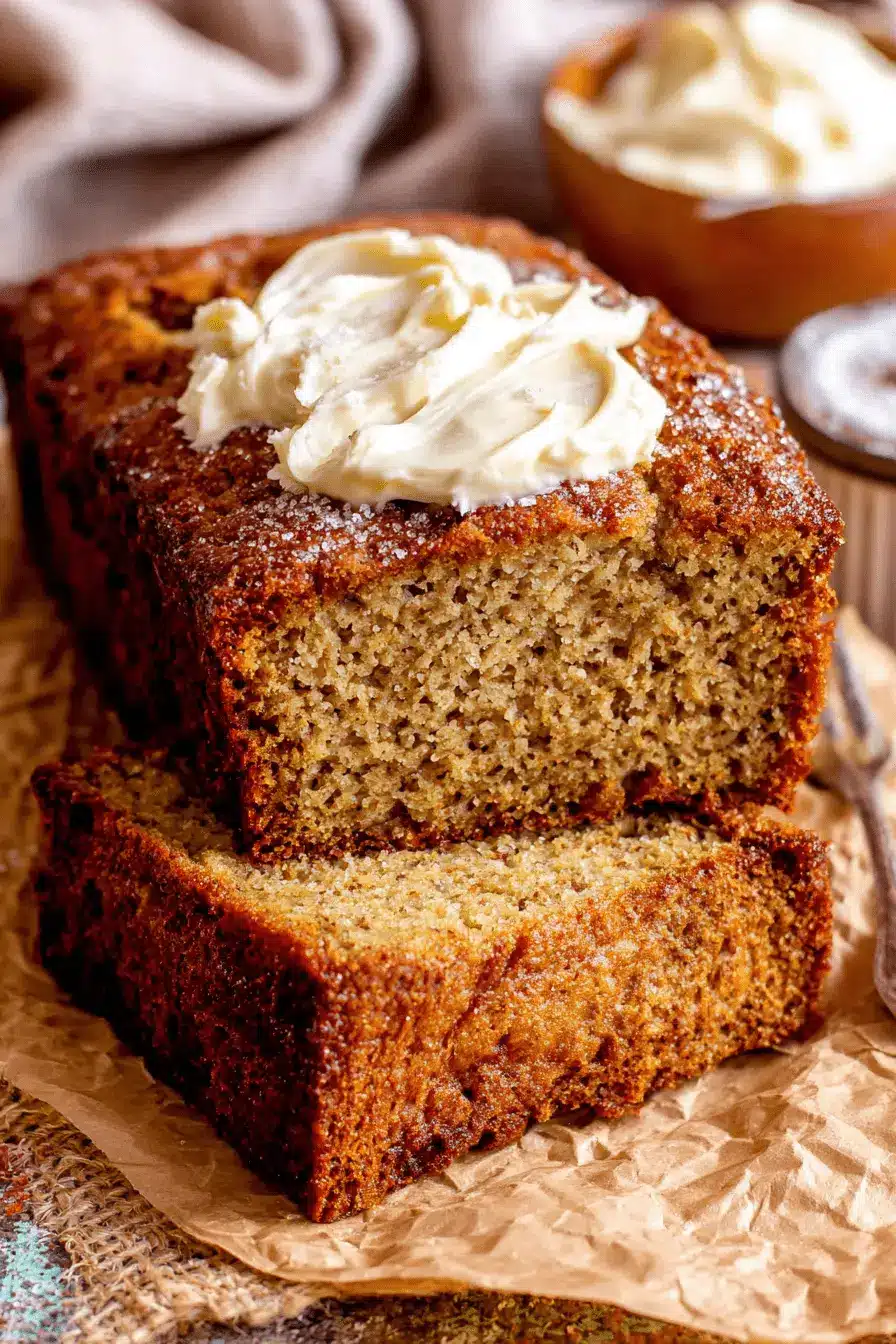 Magic Sour Cream Banana Bread Recipe 2 Close-up of moist, golden-brown sour cream banana bread slices with creamy frosting and coarse sugar on crinkled brown paper.
