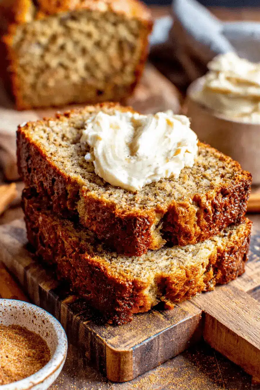 Amazing Sour Cream Banana Bread Recipe 2 Delicious slices of moist sour cream banana bread with creamy butter on a rustic cutting board.
