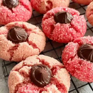 Amazing Strawberry Kiss Cookies Recipe 3 Overhead close-up of sparkling pink **strawberry kiss cookies** topped with rich chocolate centers on a black cooling rack.