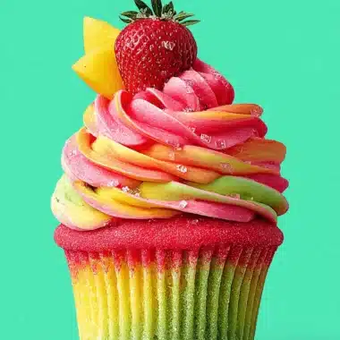 Stunning Strawberry Mango Cupcakes 4 Colorful strawberry mango cupcakes featuring gradient frosting, fresh strawberry, and a mango slice against a bright teal background.