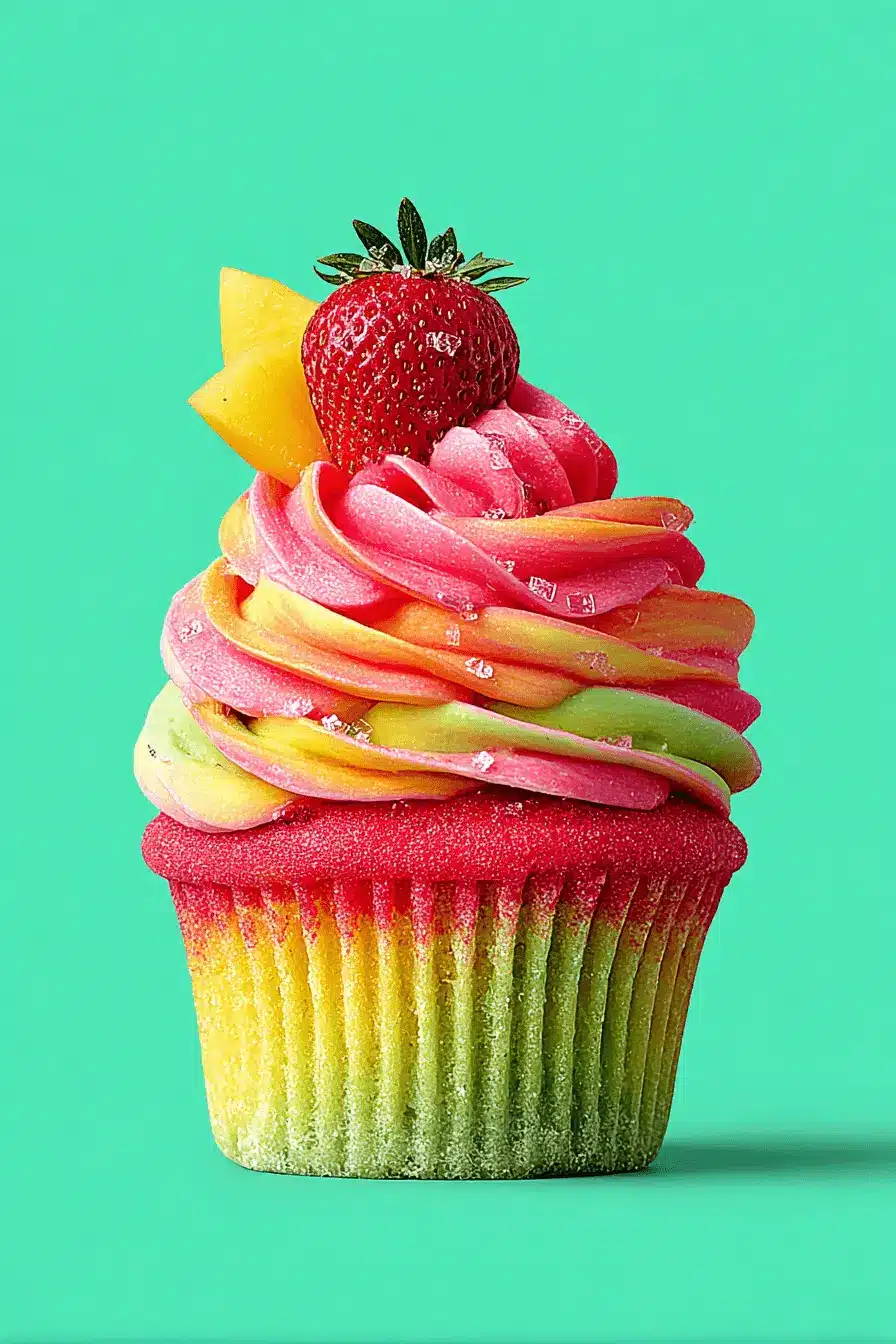 Stunning Strawberry Mango Cupcakes 2 Colorful strawberry mango cupcakes featuring gradient frosting, fresh strawberry, and a mango slice against a bright teal background.