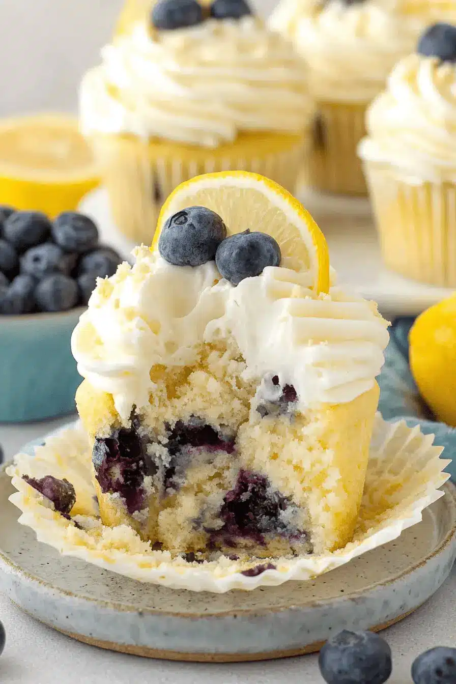 Ultimate Lemon Blueberry Cupcakes: Easy & Delicious 2 Close-up of a delectable Lemon Blueberry Cupcake with a bite taken out, featuring creamy frosting, fresh blueberries, and a lemon slice.