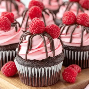 Amazing Chocolate Raspberry Cupcakes 3 Delicious chocolate raspberry cupcakes with pink frosting and fresh raspberries on a wooden board.