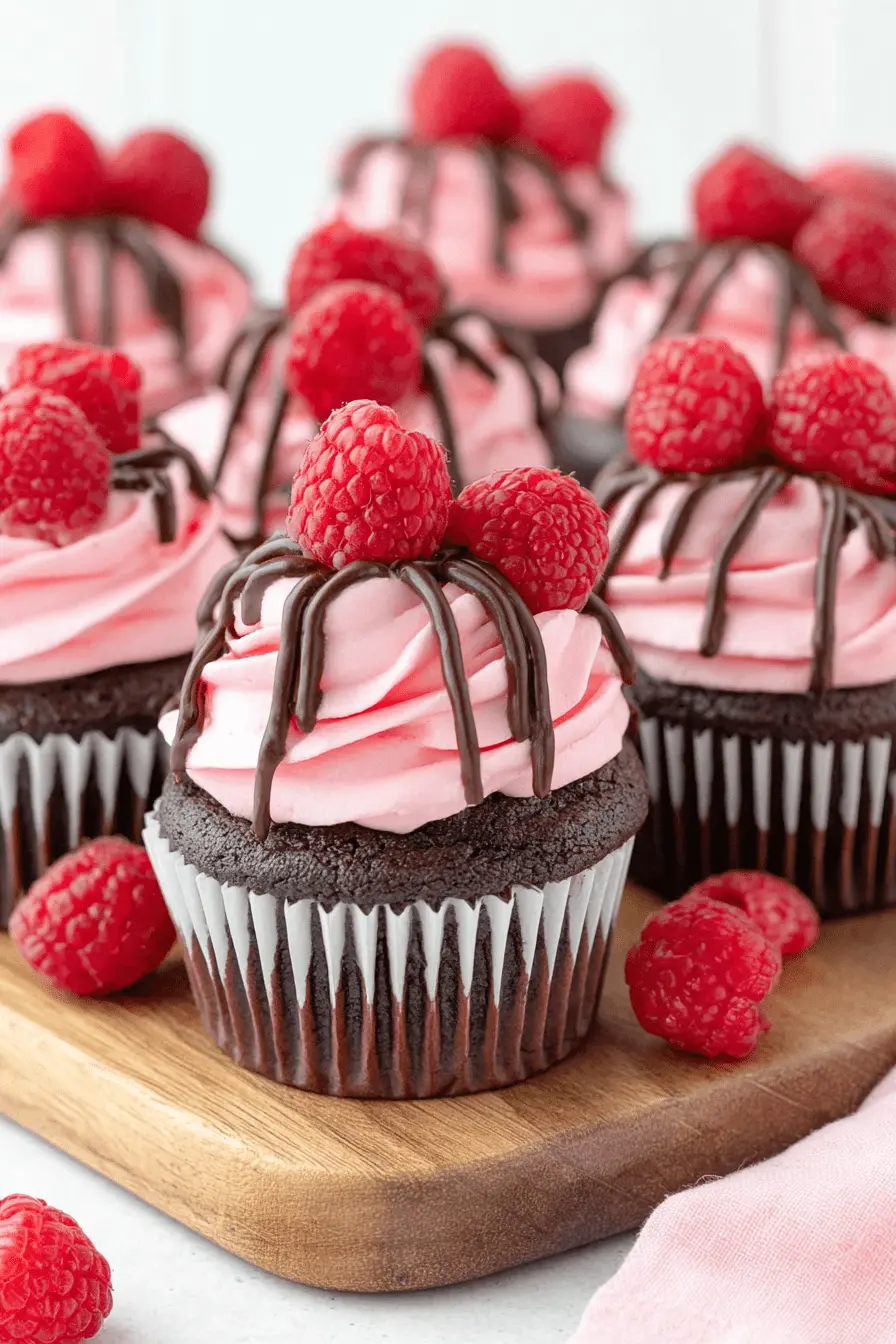 Amazing Chocolate Raspberry Cupcakes 2 Delicious chocolate raspberry cupcakes with pink frosting and fresh raspberries on a wooden board.