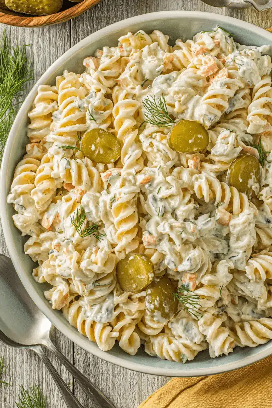 The Ultimate Dill Pickle Pasta Salad 2 Top-down view of a creamy dill pickle pasta salad with fusilli, carrots, and fresh dill in a light blue bowl on a rustic wooden table, ready to be served.