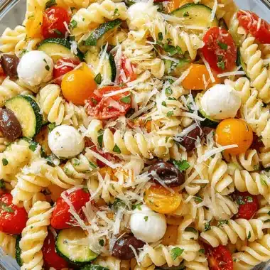 Amazing Cold Pasta Salad Recipes: Quick & Easy 4 A vibrant glass bowl of cold pasta salad featuring rotini, cherry tomatoes, mozzarella, zucchini, Kalamata olives, and fresh herbs, perfect for delicious cold pasta salad recipes.