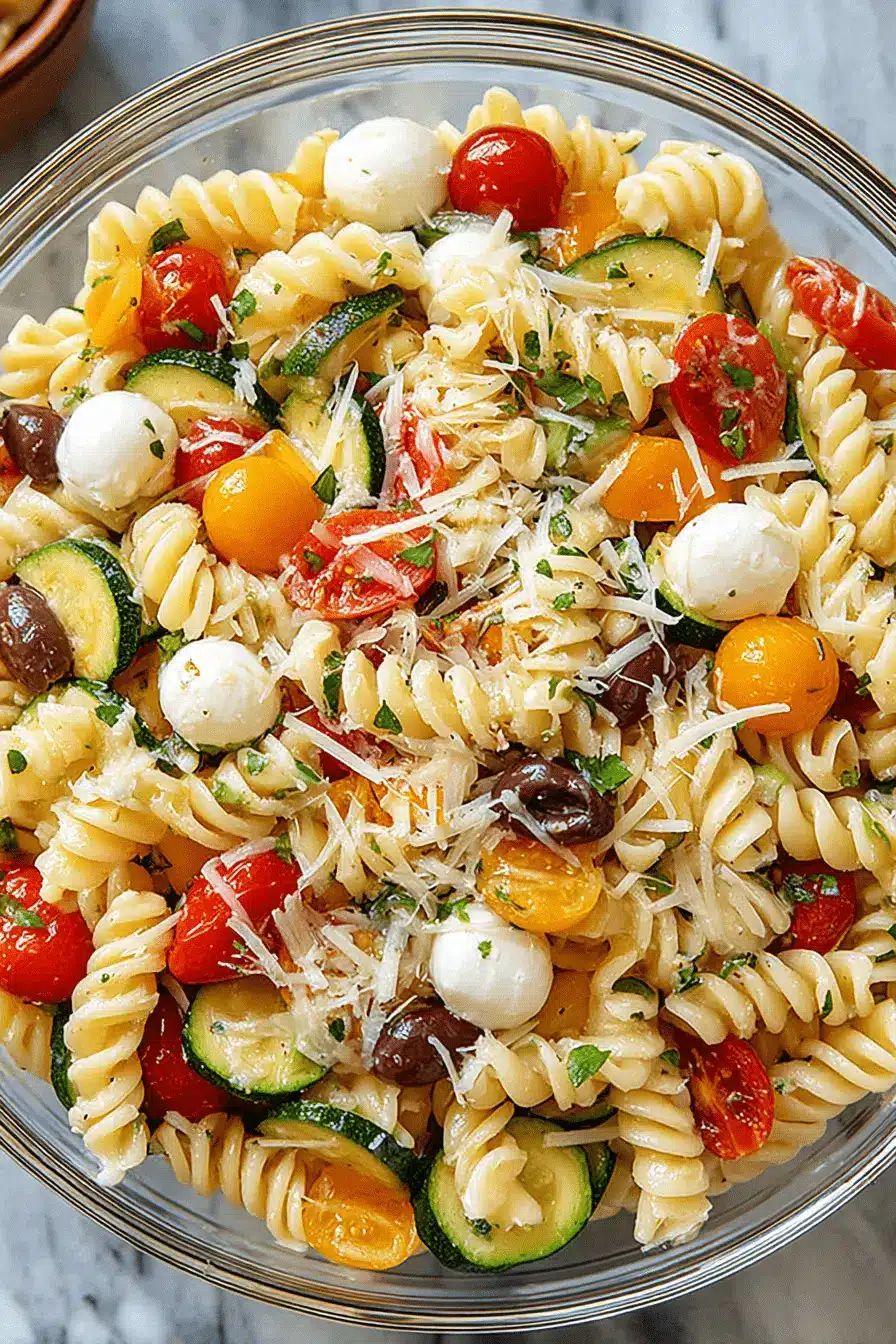 Amazing Cold Pasta Salad Recipes: Quick & Easy 2 A vibrant glass bowl of cold pasta salad featuring rotini, cherry tomatoes, mozzarella, zucchini, Kalamata olives, and fresh herbs, perfect for delicious cold pasta salad recipes.