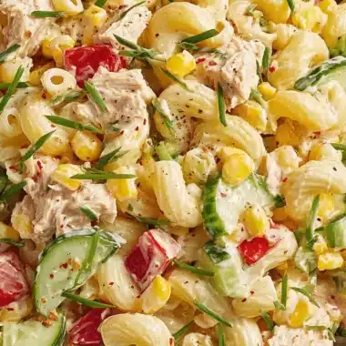Simple Tuna Pasta Salad: Your Quick Weeknight Lifesaver 3 Close-up of a creamy tuna pasta salad featuring macaroni, corn, cucumber, red bell pepper, and fresh green onions.