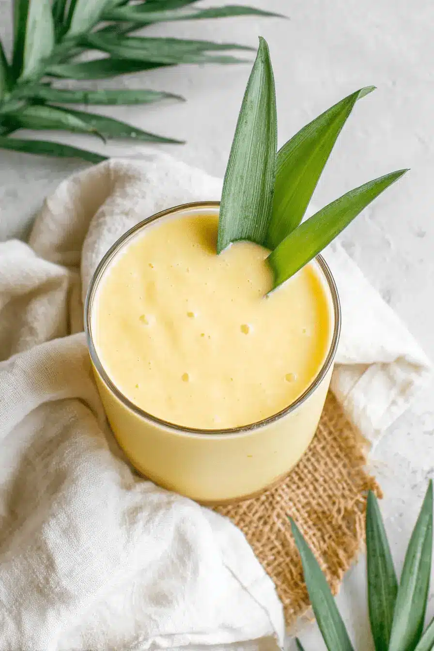 Easy & Vibrant Mango Pineapple Smoothie 2 Overhead close-up of a creamy, vibrant yellow mango pineapple smoothie in a clear glass, garnished with fresh pineapple leaves.