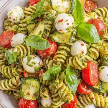 The Ultimate Pesto Pasta Salad Recipe 4 Vibrant pesto pasta salad with fusilli, cherry tomatoes, zucchini, and mozzarella in a ceramic bowl.