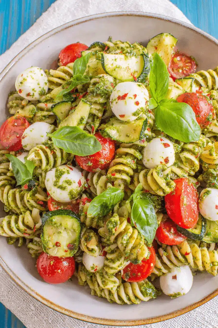 The Ultimate Pesto Pasta Salad Recipe 2 Vibrant pesto pasta salad with fusilli, cherry tomatoes, zucchini, and mozzarella in a ceramic bowl.