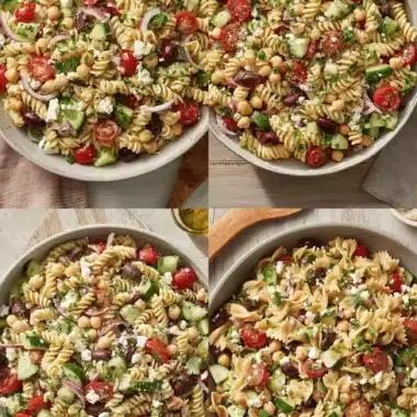 Amazing Greek Pasta Salad: Quick & Easy 4 Vibrant collage showcasing fresh greek pasta salad with rotini and farfalle, brimming with vegetables and feta.