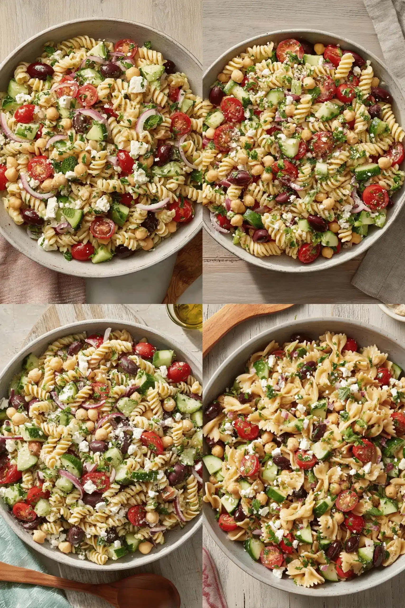 Amazing Greek Pasta Salad: Quick & Easy 2 Vibrant collage showcasing fresh greek pasta salad with rotini and farfalle, brimming with vegetables and feta.