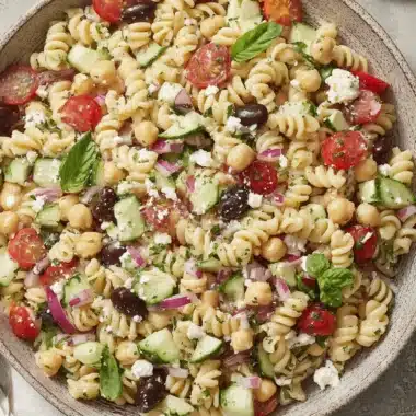 Amazing Greek Pasta Salad: Easy Make-Ahead Recipe 3 Close-up of a vibrant greek pasta salad in a rustic bowl, featuring rotini, cherry tomatoes, chickpeas, cucumber, Kalamata olives, red onion, feta cheese, and fresh basil.