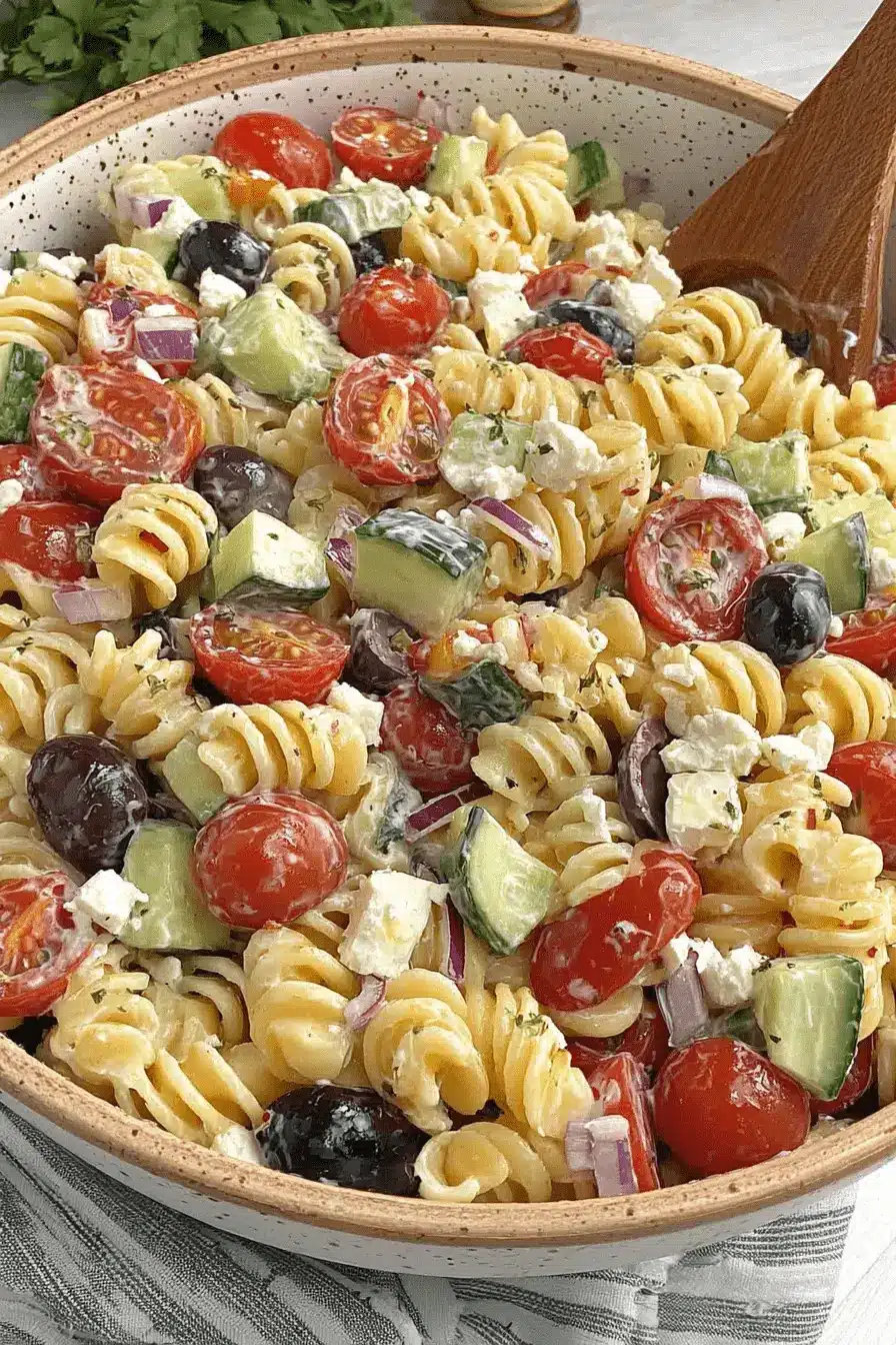 Amazing Pasta Salad with Italian Dressing 2 Overhead view of a vibrant rotini pasta salad with Italian dressing, cherry tomatoes, cucumbers, olives, feta, and red onion in a rustic bowl.