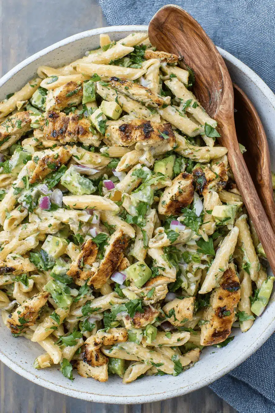 Amazing Chicken Pasta Salad: Your New Go-To Meal 2 Creamy chicken pasta salad with penne, avocado, and grilled chicken in a speckled ceramic bowl.
