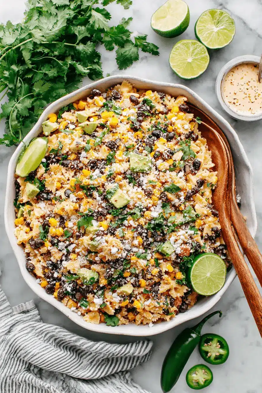 Ultimate Mexican Street Corn Pasta Salad 2 A vibrant mexican street corn pasta salad with farfalle, black beans, corn, avocado, cotija cheese, and cilantro in a white bowl on marble.