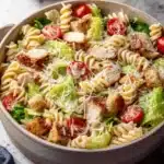 Quick & Easy Chicken Caesar Pasta Salad Recipe 5 Close-up overhead shot of a rustic bowl filled with delicious chicken caesar pasta salad featuring rotini, grilled chicken, romaine, cherry tomatoes, croutons, and Parmesan.
