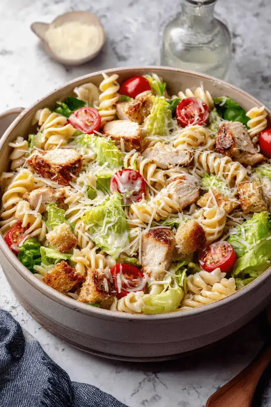 Quick & Easy Chicken Caesar Pasta Salad Recipe 2 Close-up overhead shot of a rustic bowl filled with delicious chicken caesar pasta salad featuring rotini, grilled chicken, romaine, cherry tomatoes, croutons, and Parmesan.