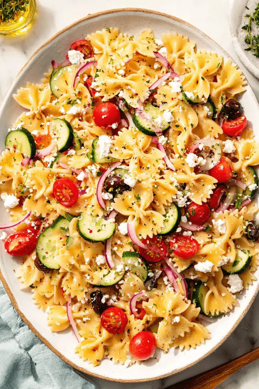 Vibrant Mediterranean Pasta Salad: Easy & Fresh 2 A vibrant, close-up overhead view of a fresh mediterranean pasta salad with farfalle, cherry tomatoes, cucumbers, feta, and olives in a light bowl.