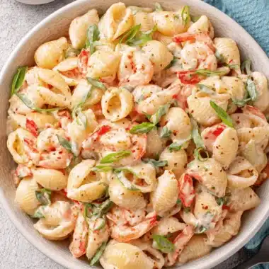 Ultimate Make-Ahead Seafood Pasta Salad 3 Creamy shell pasta and plump shrimp mixed in a vibrant seafood pasta salad, garnished with green onions and red bell peppers.