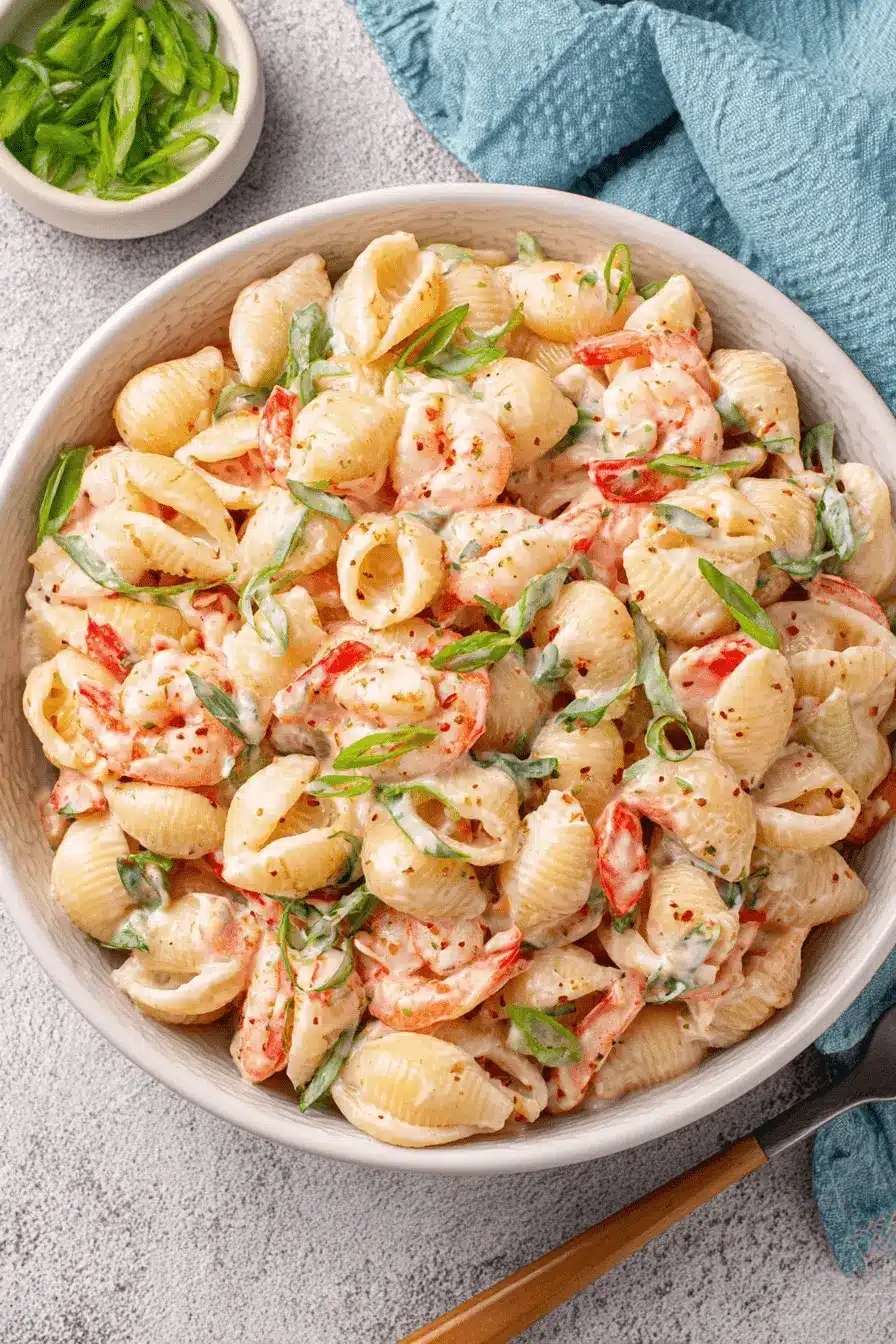 Ultimate Make-Ahead Seafood Pasta Salad 2 Creamy shell pasta and plump shrimp mixed in a vibrant seafood pasta salad, garnished with green onions and red bell peppers.