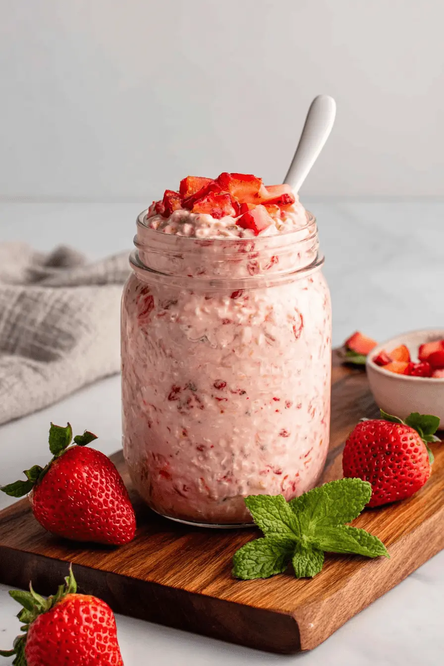 Amazing Strawberry Overnight Oats for Easy Mornings 2 Mason jar filled with creamy strawberry overnight oats, garnished with fresh whole and diced strawberries and a sprig of mint.