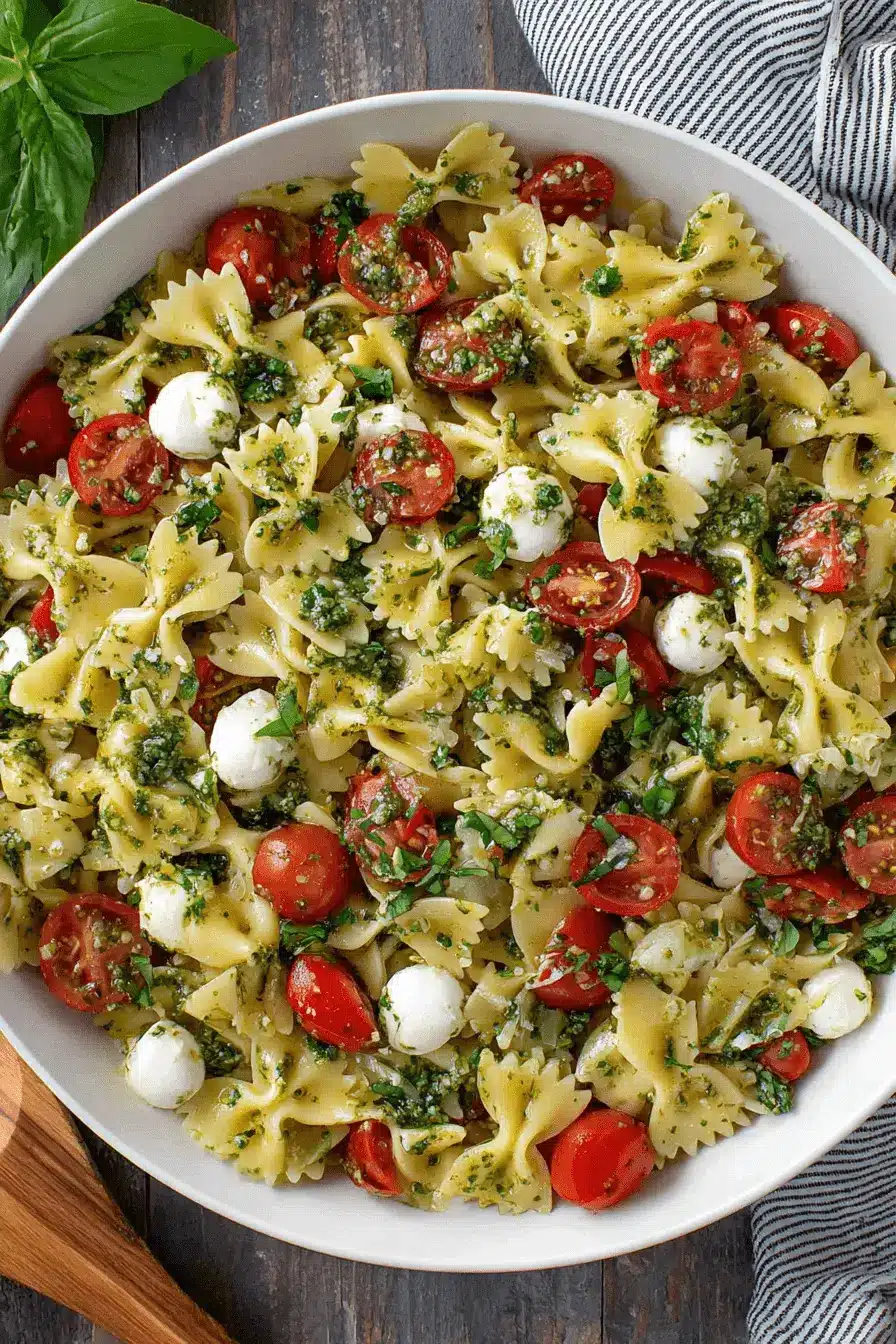Thrilling Bow Tie Pasta Salad: Quick & Flavorful 2 Close-up of a vibrant bow tie pasta salad with pesto, cherry tomatoes, and mozzarella.