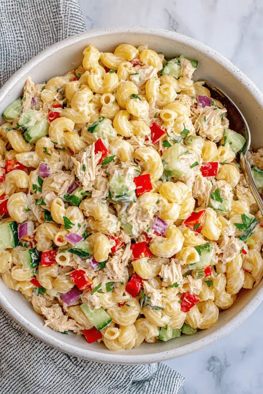 Ultimate Foolproof Tuna Pasta Salad Recipes 2 Close-up of a vibrant elbow macaroni pasta salad with creamy dressing, bell peppers, cucumber, and parsley, ideal for delicious tuna pasta salad recipes.