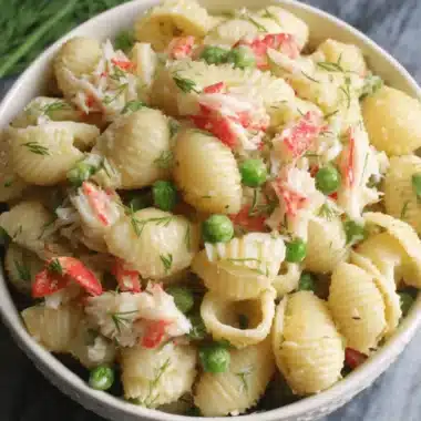 The Ultimate Creamy Crab Pasta Salad Recipe 3 Delicious crab pasta salad with shell pasta, peas, and fresh dill in a creamy dressing.