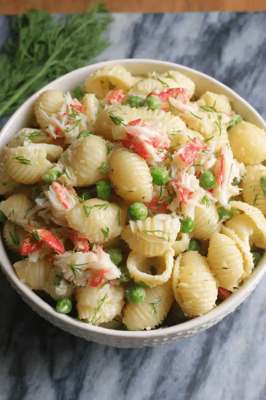 The Ultimate Creamy Crab Pasta Salad Recipe 2 Delicious crab pasta salad with shell pasta, peas, and fresh dill in a creamy dressing.