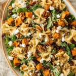 The Ultimate Fall Pasta Salad Recipe 8 Hearty fall pasta salad with roasted butternut squash, pecans, cranberries, and goat cheese in a white dish.