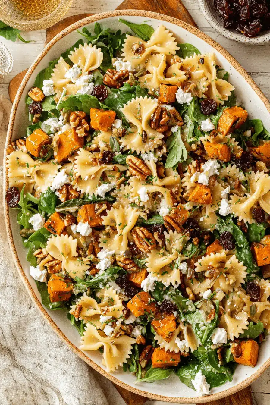 The Ultimate Fall Pasta Salad Recipe 2 Hearty fall pasta salad with roasted butternut squash, pecans, cranberries, and goat cheese in a white dish.