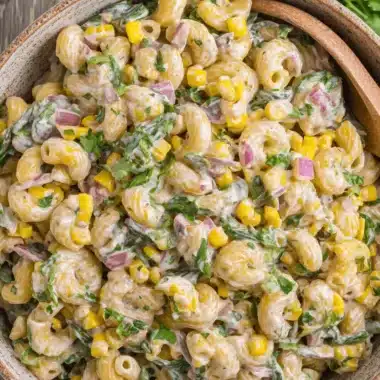The Ultimate Foolproof Corn Pasta Salad 4 A close-up of a rustic bowl filled with creamy corn pasta salad, featuring elbow macaroni, bright yellow corn kernels, red onion, and fresh green herbs.