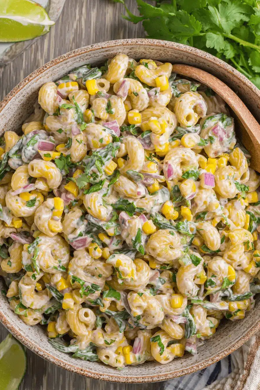 The Ultimate Foolproof Corn Pasta Salad 2 A close-up of a rustic bowl filled with creamy corn pasta salad, featuring elbow macaroni, bright yellow corn kernels, red onion, and fresh green herbs.