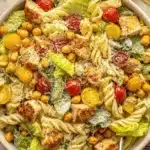 Quick & Easy Ceasar Pasta Chicken Salad 6 Close-up of a vibrant Ceasar pasta chicken salad with rotini, grilled chicken, cherry tomatoes, chickpeas, romaine, and creamy dressing on a marble surface.