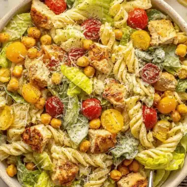 Quick & Easy Ceasar Pasta Chicken Salad 3 Close-up of a vibrant Ceasar pasta chicken salad with rotini, grilled chicken, cherry tomatoes, chickpeas, romaine, and creamy dressing on a marble surface.