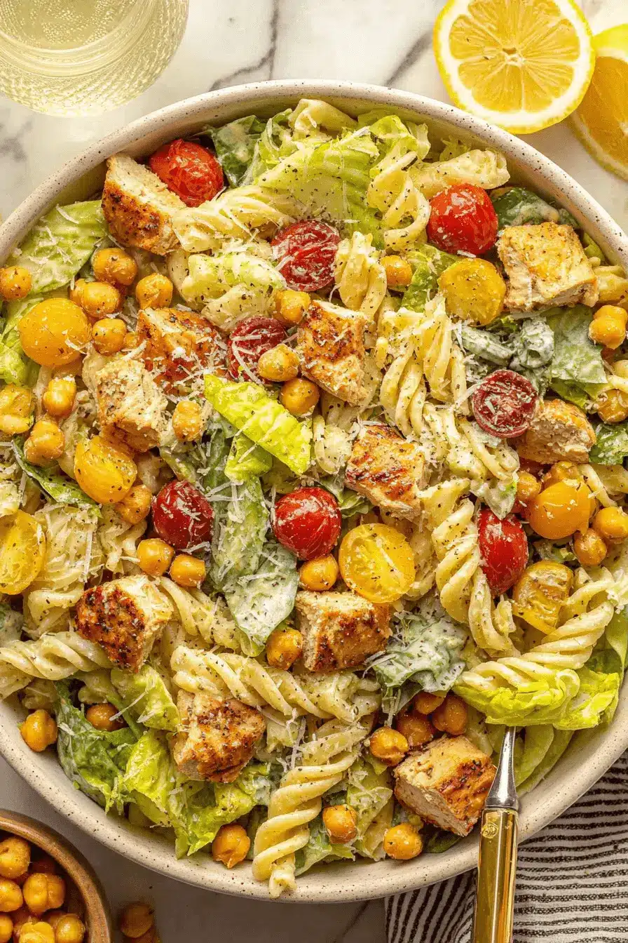 Quick & Easy Ceasar Pasta Chicken Salad 2 Close-up of a vibrant Ceasar pasta chicken salad with rotini, grilled chicken, cherry tomatoes, chickpeas, romaine, and creamy dressing on a marble surface.