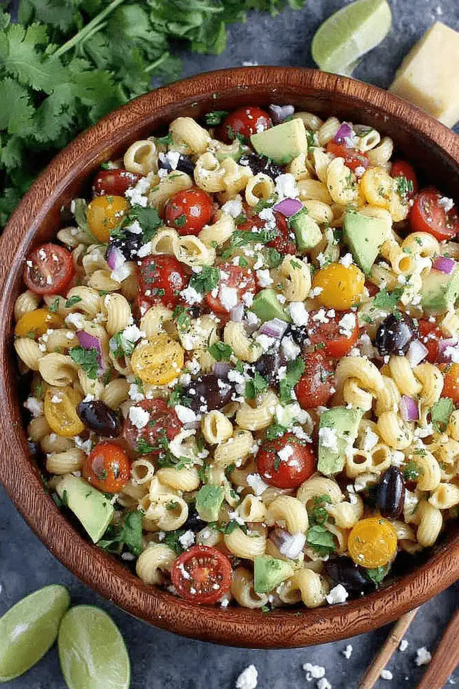 Vibrant Southwest Pasta Salad: An Easy Meal 2 Overhead close-up of a vibrant southwest pasta salad in a rustic wooden bowl, featuring spiral pasta, cherry tomatoes, avocado, black olives, red onion, crumbled cheese, and fresh cilantro, with lime wedges in the background.