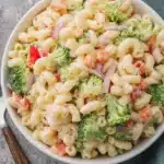 Simple Broccoli Pasta Salad for Easy Meals 5 A top-down view of a creamy broccoli pasta salad in a white bowl, featuring elbow macaroni, bright green broccoli florets, diced carrots, red bell peppers, and red onion.